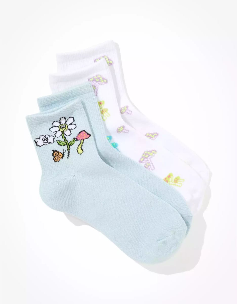 Chaussettes American Eagle AE Flower Mushroom Boyfriend Sock 2-Pack Bleu Femme | OZR-70841717